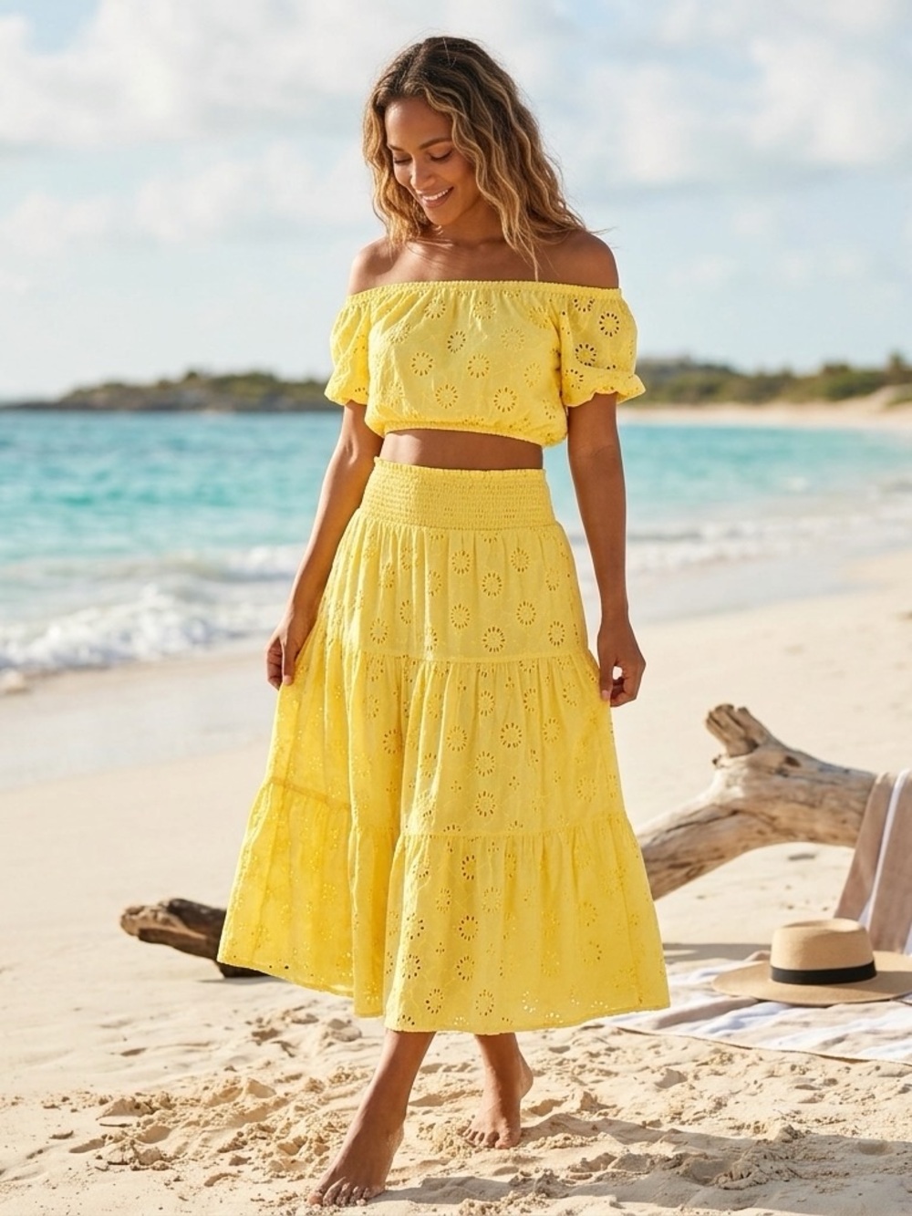 Sunny Yellow Eyelet Tiered Skirt Set — Off-Shoulder Crop Top & Midi Skirt